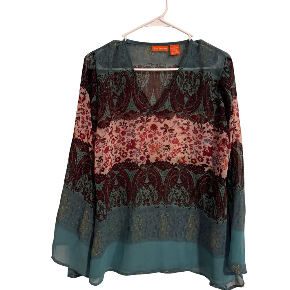 New Identity Womens Teal Paisley Floral Metallic V-Neck Long Sleeve Blouse S